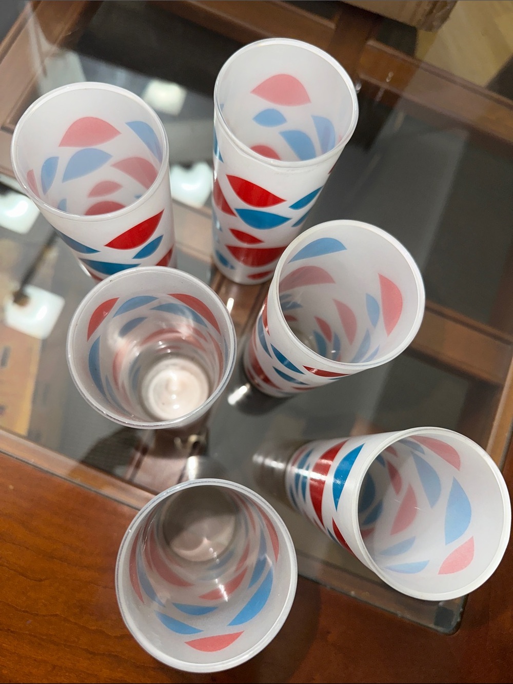 Retro Frosted Highball Glasses with Red & Blue Dot Pattern - Set of 6 - Picture 4 of 7